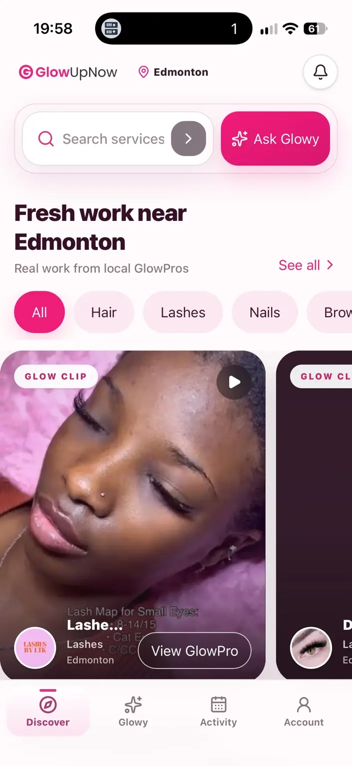 GlowUpNow iPhone app showing Glow Clips and local beauty discovery in Edmonton